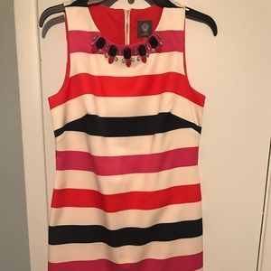Vince Camuto Jeweled Neckline Striped Dress